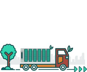 An illustration showing the second stage of the Power-as-a-Service process, showing a Portacell battery unit being transported to site on a zero-emission vehicle